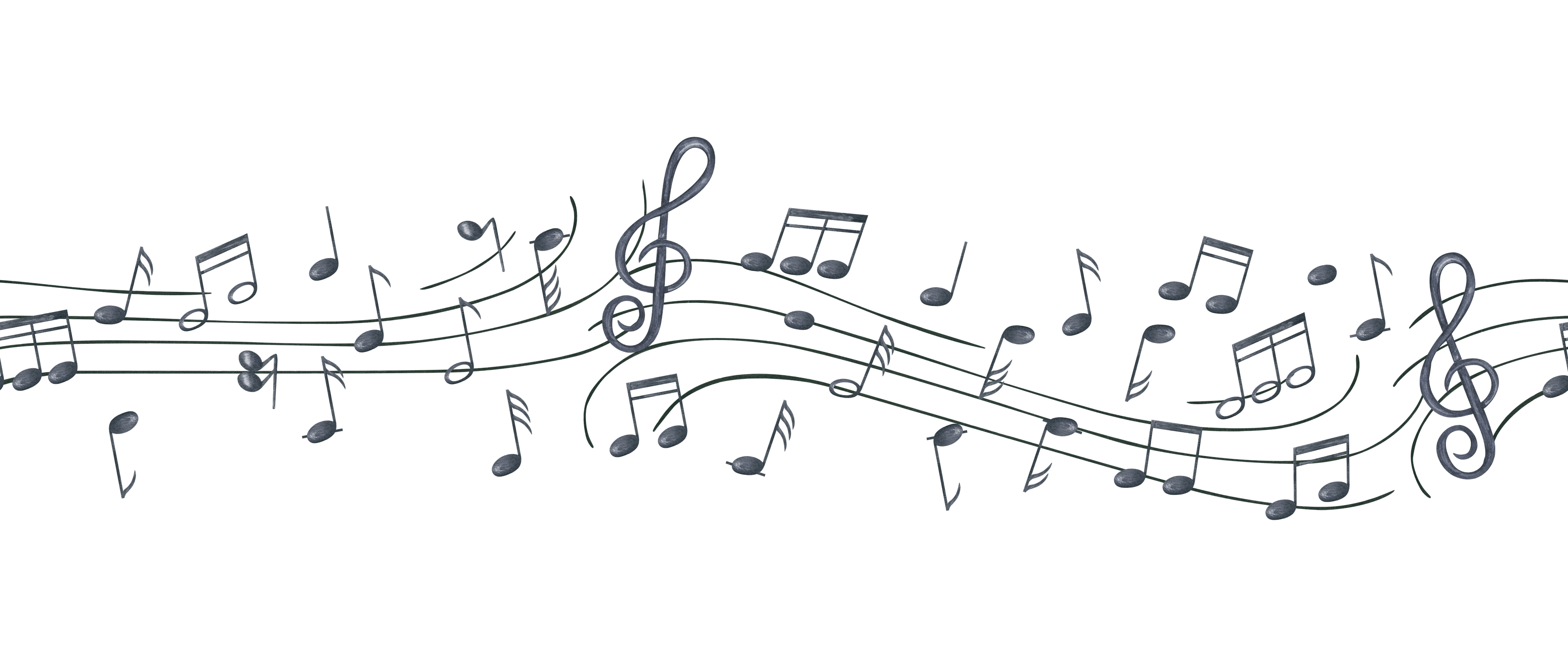 Hand-drawn musical notes and treble clefs flowing along a wavy staff